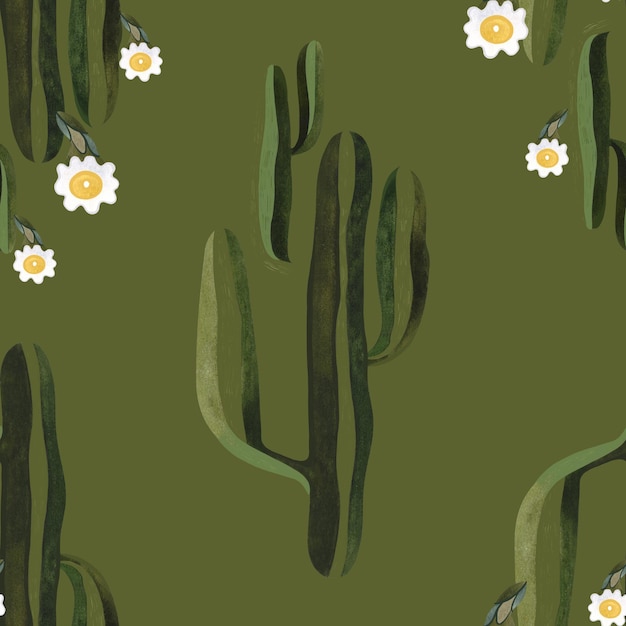 Patrón de acuarela sin costuras de cactus saguaro en flor para envolver papel tapiz y textiles