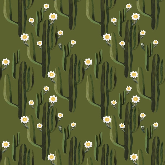 Patrón de acuarela sin costuras de cactus saguaro en flor para envolver papel tapiz y textiles