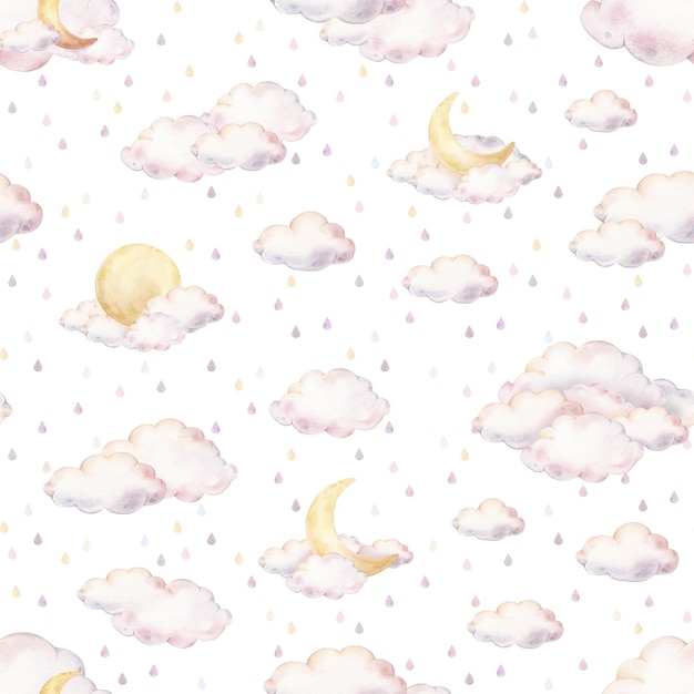 Patrón de acuarela sin costuras con colores de arco iris nubes pastel y gotas de lluvia y lunas creciente