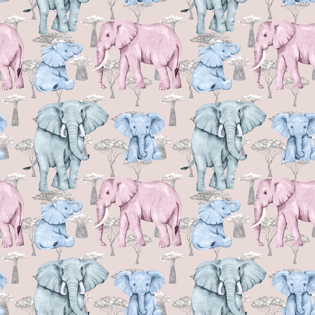 Patrón de acuarela sin costuras con elefantes y árboles de África baobabs y acacia Patrón para niños39s telas y textiles de papel tapiz