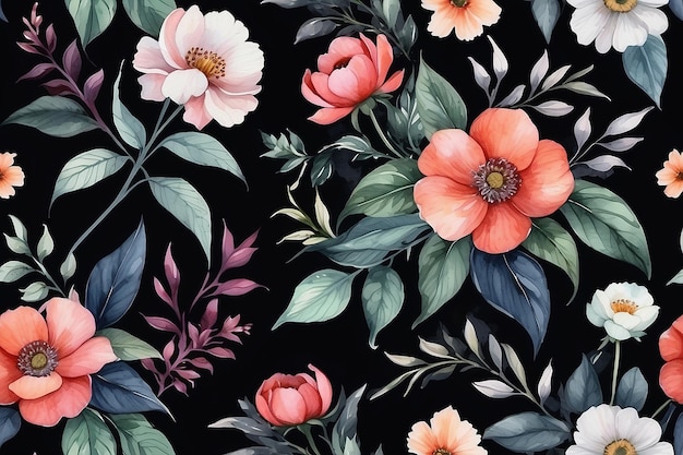 Patrón de acuarela sin costuras de elegancia floral oscura para textiles interiores y papel tapiz