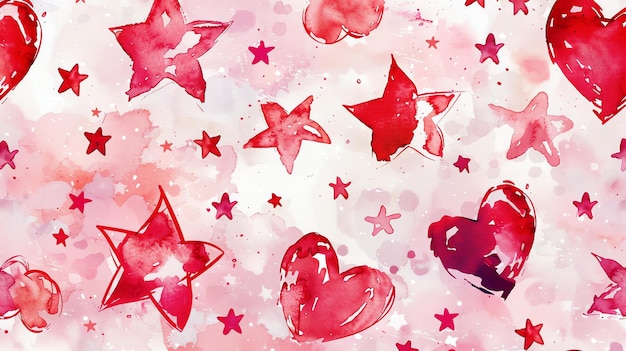 Un patrón de acuarela sin costuras con estrellas rojas y corazones sobre un fondo rosa