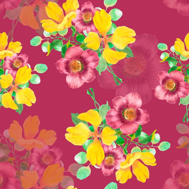 Patrón de acuarela sin costuras con flores amarillas y púrpuras sobre un fondo púrpura
