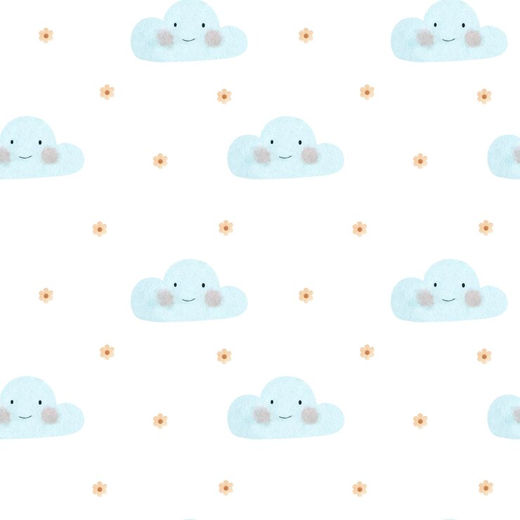 Patrón de acuarela sin costuras con nubes y estrellas bonitas sobre un fondo blanco
