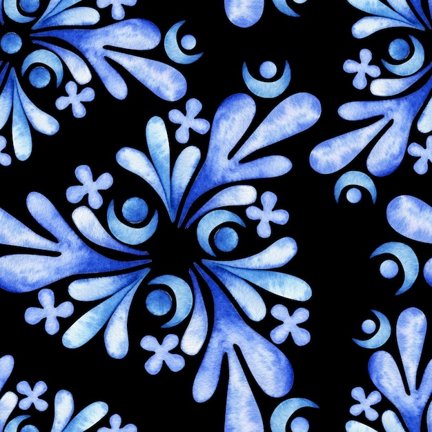 Patrón de acuarela sin costuras ornamento azul sobre un fondo negro estilo folclórico étnico estilizado