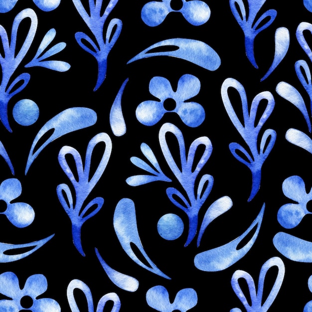 Patrón de acuarela sin costuras Ornamento floral estilizado azul sobre un fondo negro