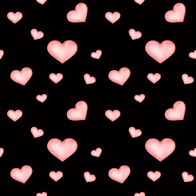 Patrón de acuarela sin costuras con pequeños corazones rojos dibujados a mano arrojados sobre un fondo aislado negro Ilustración sencilla y linda del día de San Valentín Para envolver papel, embalaje, papel tapiz, estuche de teléfono