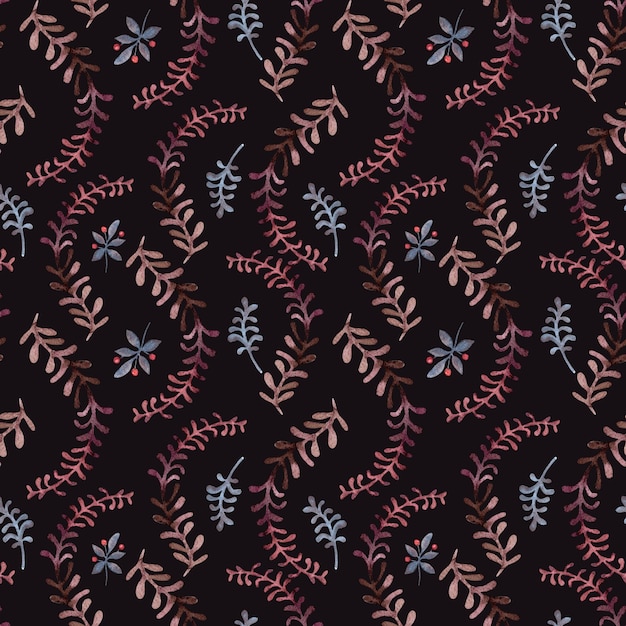Patrón de acuarela sin costuras con ramas decorativas hojas y bayas rojas