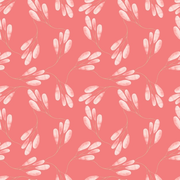 Patrón de acuarela con delicadas hojas rosadas ramitas con hojas ilustración botánica