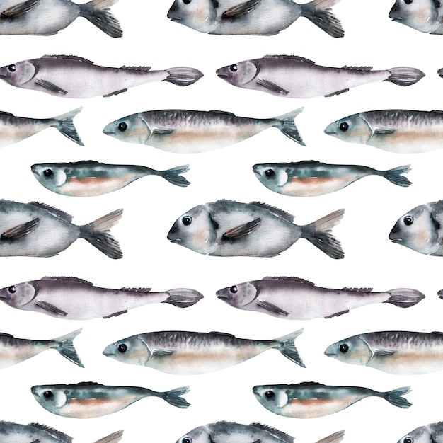 Patrón de acuarela con diferentes peces