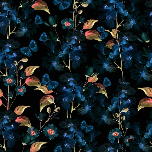 Patrón de acuarela con flores azules, mariposas y hojas