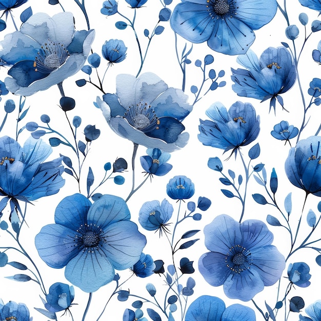 Un patrón de acuarela de flores azules sobre un fondo blanco con un patrón floral sin costuras