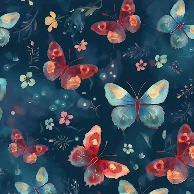 Patrón de acuarela con flores y hojas de mariposas Aguamarina y colores carmesí IA generativa