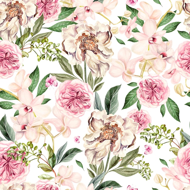 Patrón de acuarela con flores de peonía y orquídeas Ilustración