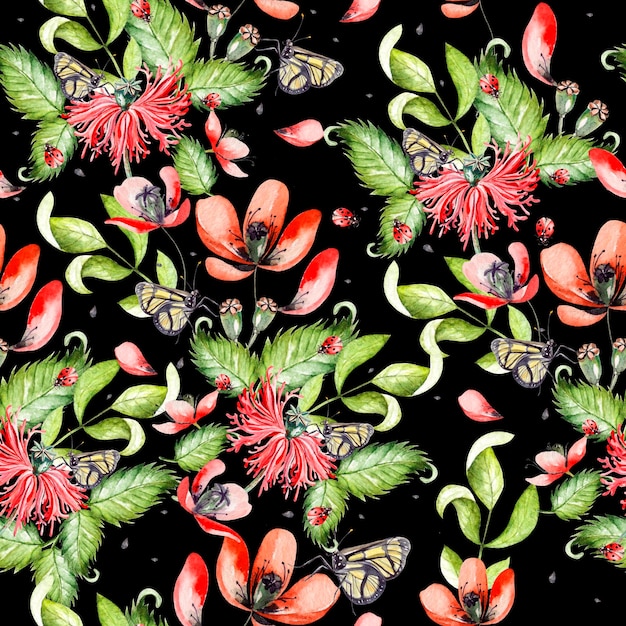 Patrón de acuarela hermosa brillante con flores de amapola Ilustración