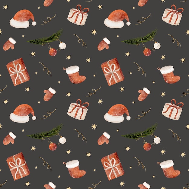 Patrón de acuarela Ilustración navideña de Año Nuevo Sombrero de Papá Noel medias guantes regalos fondo gris