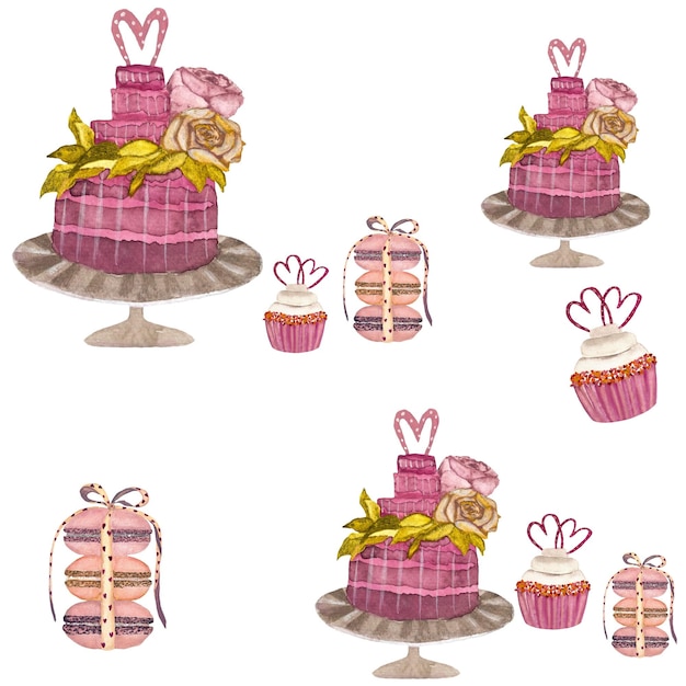 Patrón de acuarela de pastel dulce grande. Con cupcakes, pasteles y muffins. Una ilustración de acuarela.