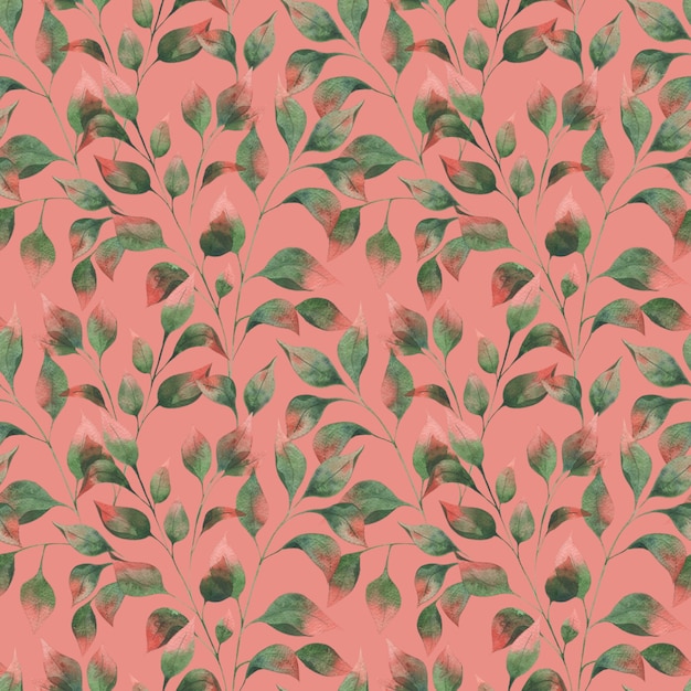 Patrón de acuarela con ramas de hojas de otoño hojas verdes con puntas rojas sobre un fondo rosa