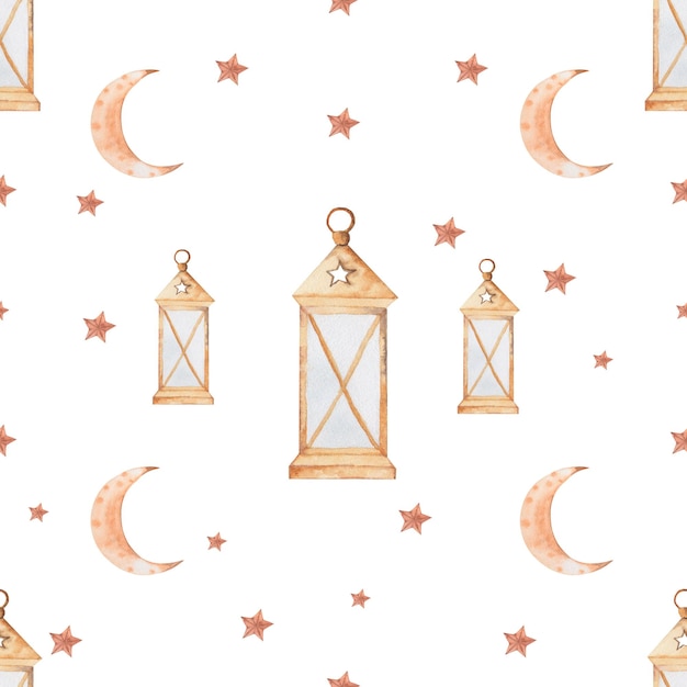 Foto patrón de acuarela transparente mes de la linterna estrellas hermoso patrón para las vacaciones de ramadán para dre musulmán