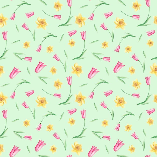 Patrón de acuarela transparente con narcisos y tulipanes sobre fondo verde se puede utilizar para tela