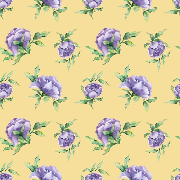 Un patrón de acuarela transparente con una variedad de flores de peonía lila y hojas sobre un fondo amarillo