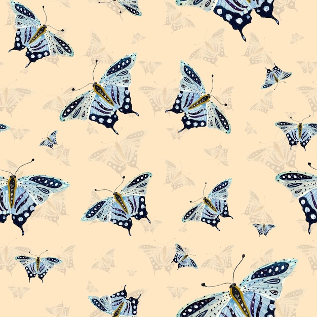 Patrón adornado sin costuras de mariposa azul una ilustración de acuarela. fondo beige.