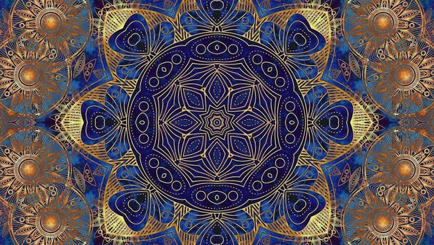 Patrón de arte de mandala texturizado azul dorado para el elemento de diseño de magia mística de gloria