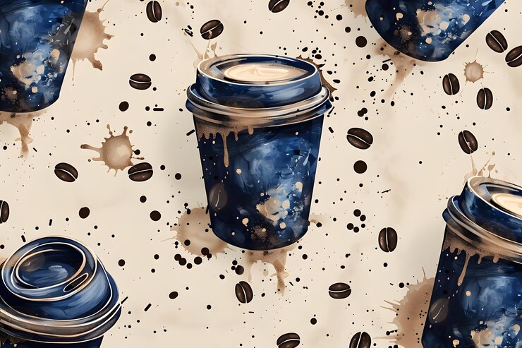 Patrón artístico de taza de café con salpicaduras y granos de café