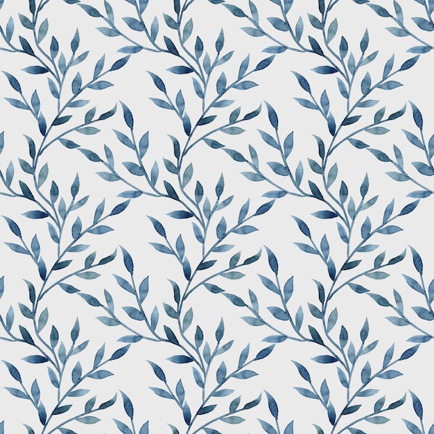 Patrón azul acuarela Ramas hojas y flores Plantas de invierno y primavera Ilustración dibujada a mano