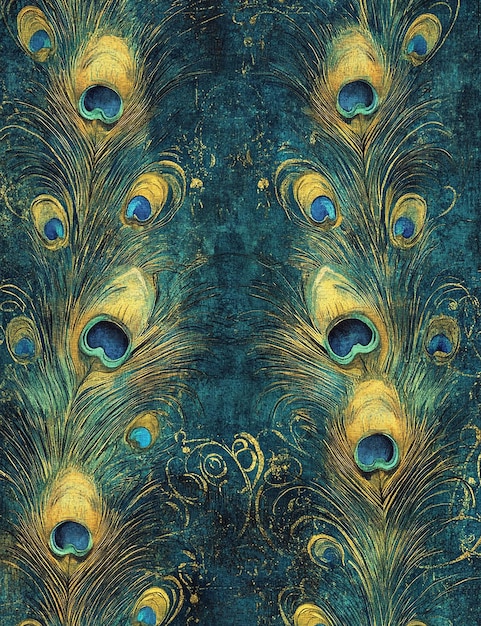 un patrón azul y amarillo con plumas de pavo real en él