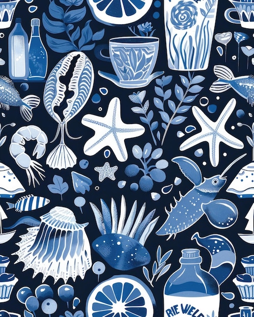 Foto un patrón azul y blanco con conchas marinas y un pez azul y blanco