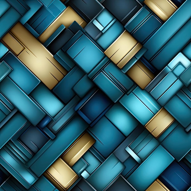 Patrón azul y dorado que se asemeja a una pared con líneas oscuras de azulejos
