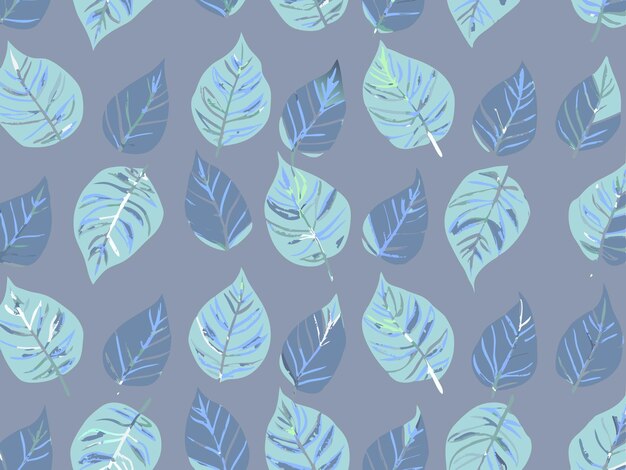 un patrón azul y verde con hojas en un fondo gris