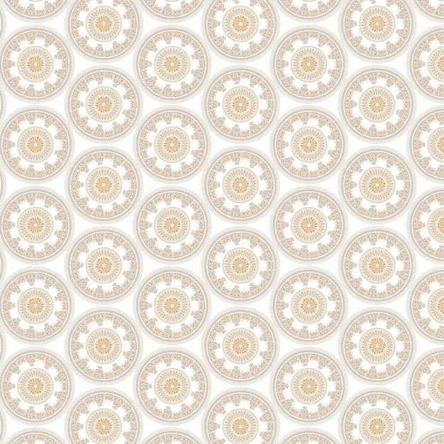 Un patrón de Batik sin costuras con un mandala circular redondo dorado y blanco sobre un fondo blanco