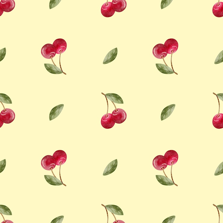 Foto patrón de bayas hojas de cereza acuarela ilustración de frutas impresión de verano en fondo amarillo pastel