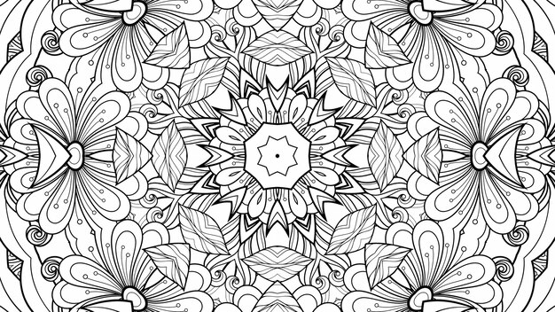 Patrón blanco y negro para colorear flores y hojas. Libro de colorear de plantas de papel de fondo hermoso geométrico