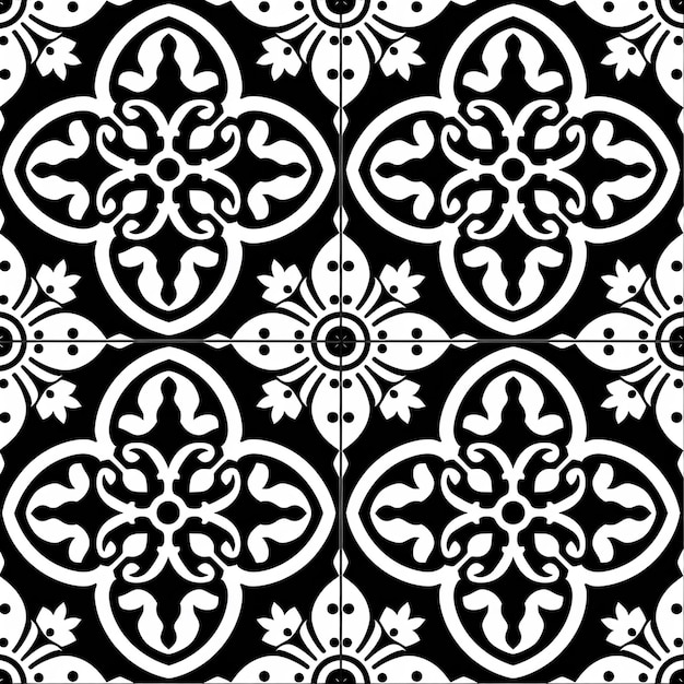 un patrón blanco y negro con un diseño floral en el estilo del período de arte