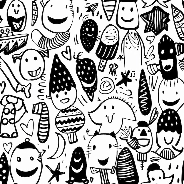 un patrón en blanco y negro de personajes de dibujos animados con un fondo blanco