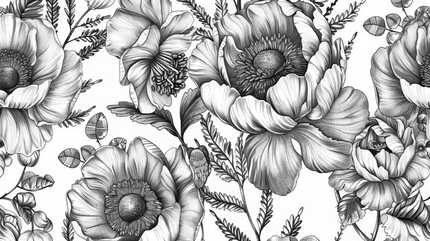 Patrón bordado con flores de primavera Ilustración moderna en blanco y negro Fondo vintage Peonías helechos tulipanes anémonas semillas de eucalipto