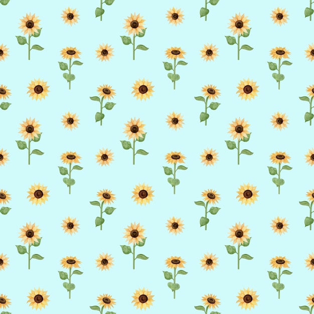 Patrón botánico sin fisuras con girasoles y hojas sobre un fondo azul pastel