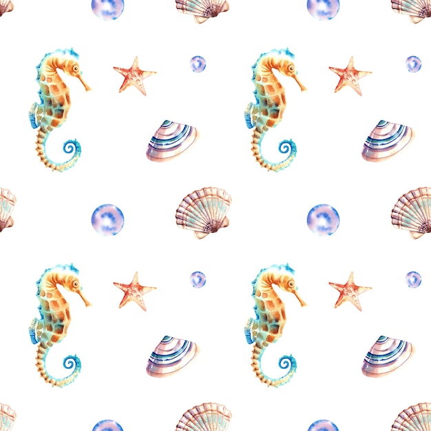 Un patrón de caballitos de mar conchas estrellas de mar burbujas Ilustración acuarela Habitantes del mar Animales marinos