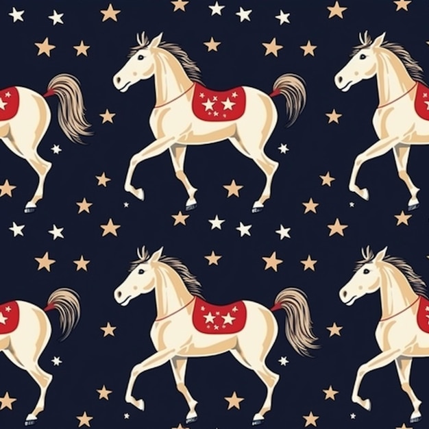 Un patrón con caballos y estrellas en un fondo oscuro.