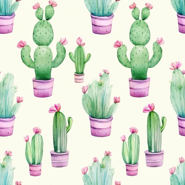Un patrón de cactus de acuarela con flores rosas creado con tecnología de IA generativa