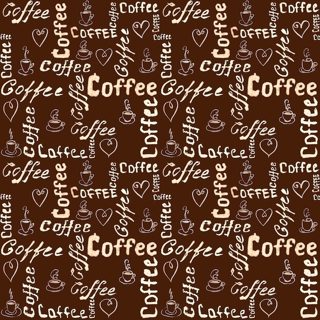 Patrón de café marrón transparente con letras, corazones y tazas de café
