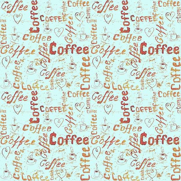 Patrón de café transparente con letras, corazones y tazas de café en la superficie de papel vintage turquesa