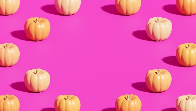 Patrón de calabazas con espacio de copia sobre fondo púrpura para publicidad en vacaciones de otoño o ventas, render 3d