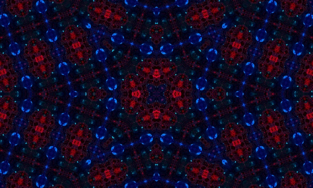 Patrón de caleidoscopio azul oscuro y rojo. Diseño hermoso del ejemplo de la textura de la mandala. Fondo abstracto caleidoscopio