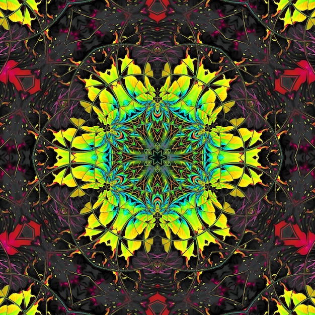 Un patrón de caleidoscopio colorido y abstracto con un diseño floral en colores amarillo, verde, rojo y azul.