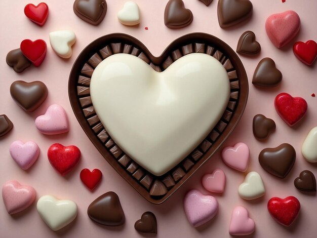 Foto el patrón de caramelos de chocolate blancos en forma de corazón en fondo rosa para el concepto de love valentines