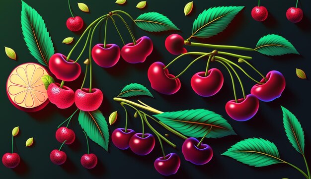 Foto patrón de cereza ilustraciones dibujadas a mano con colores vibrantes y audaces ia generativa